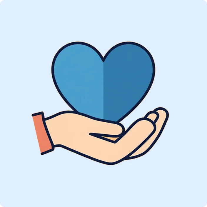 Illustration of a hand gently holding a blue heart, symbolizing empathy and compassion.